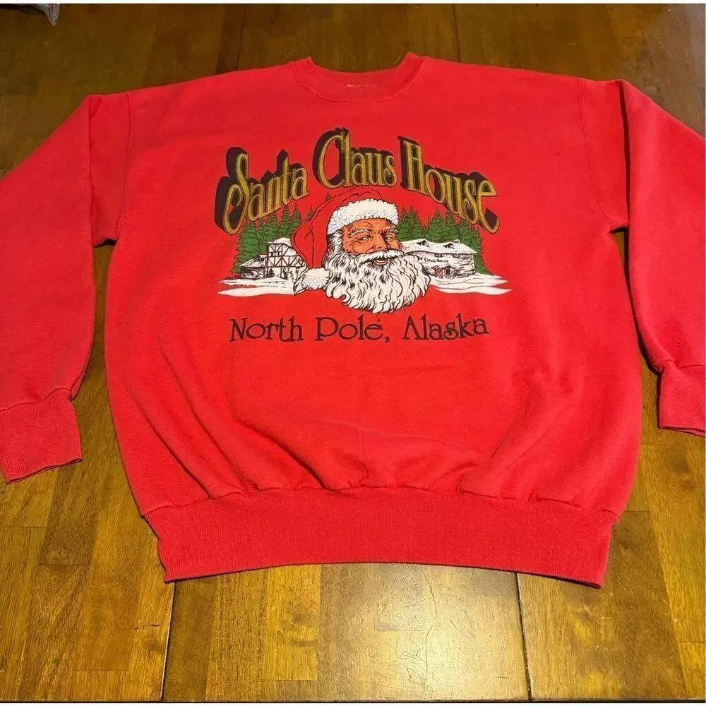 Vintage Santa Claus House Pullover Sweatshirt Large North Pole Alaska Red USA